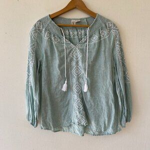 Joie Linen Peasant Blouse Womens XS Blue Green Embroidered Boho Coastal Grandma